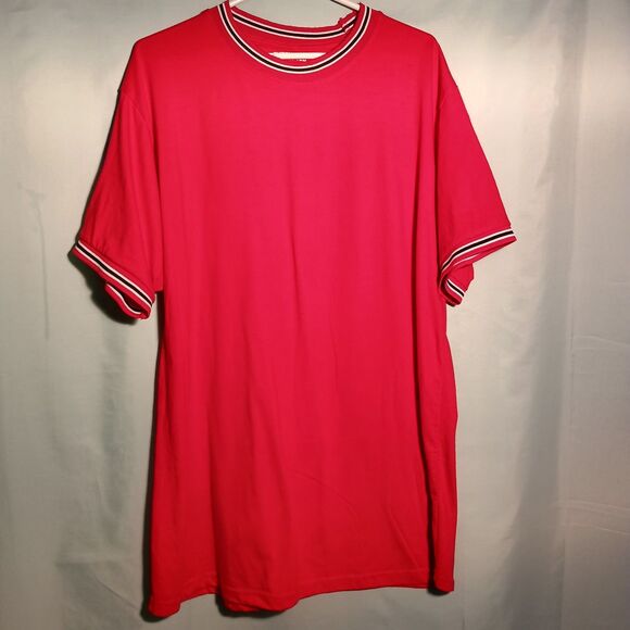 Men’s Red Crew Neck T-Shirt with Striped Trim – Athletic Fit - Picture 1 of 4